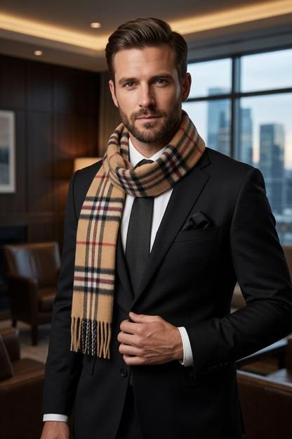 Thompson Camel Lambswool Tartan Scarf