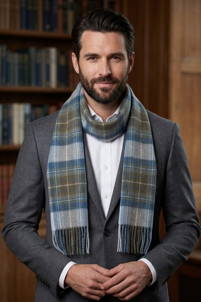 Stewart Muted Blue Lambswool Tartan Scarf